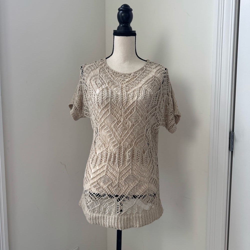 Chicos Cream Crochet Boho Festival Open Weave M Short Sleeve Blouse Top Sweater